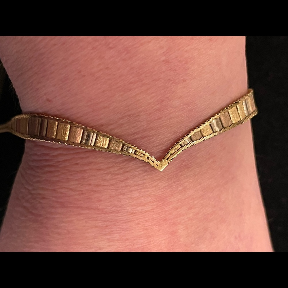 14K Yellow White Rose TriColor Gold 7.75" V Woven Weave Italian Bracelet Italy